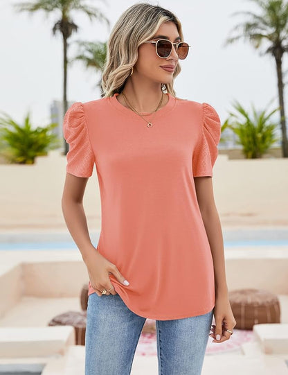Ivicoer Puff Short Sleeve Shirt for Women Eyelet Tops Summer Crewneck Blouse Loose Fit S-XXL