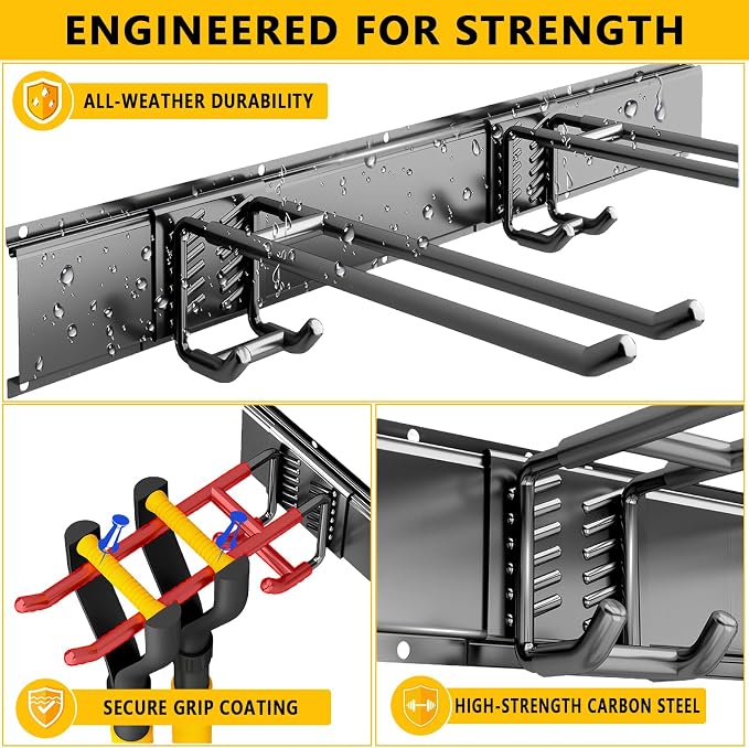 Garage Tool Organizer Wall Mount, 32inch Heavy-Duty Garage Storage System and Garden Tool Organizer with 4 Adjustable Hooks for Shovel, Snowboard, Yard Tools and Shed