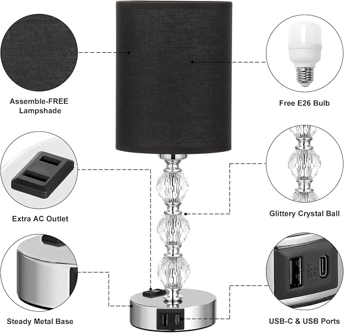 Black Touch Bedside Lamps for Bedrooms - Crystal Table Lamp with USB C+A Charging Port and AC Outlet Nightstand, 3 Way Dimmable Silver Small End Side Table Lamp for Living/Guest/Dinning Room/Kitchen