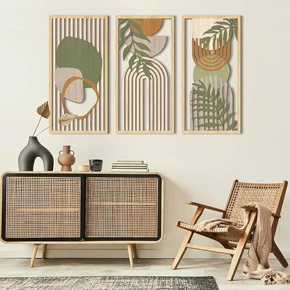 IARTTOP Boho Mid-century Modern Wood Wall Art 16x32 Inch Large Green Abstract Wood Wall Decor Mid Century Bohemian Artwork for Bedroom Living Room Office Kitchen Set of 3