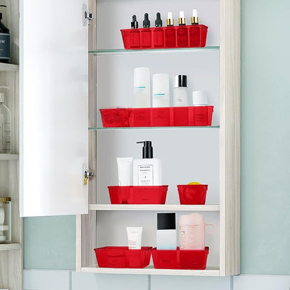 WOWBOX 25 PCS Plastic Drawer Organizer Set, 4 Sizes Desk Drawer Divider Organizers and Storage Bins for Makeup, Jewelry, Gadgets for Kitchen, Bedroom, Bathroom, Office, Clear Red
