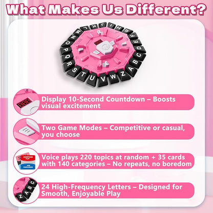 Resflycheng Word Game Family Board Game with Digital Display Timer, 2 Modes, 35 Double-Sided Cards, Fun Fast-Paced 24-Letter Game for Learning Party Interactive, 2+ Players, Ages 3 & Up (Pink)