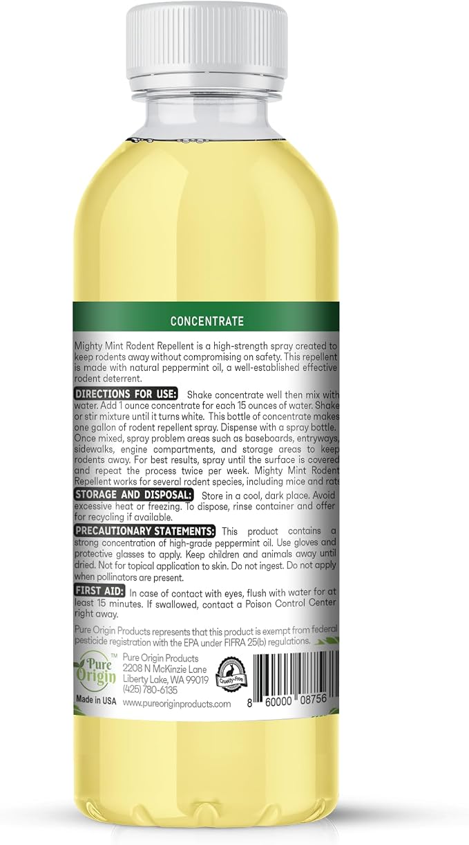 Mighty Mint Peppermint Oil Rodent Repellent Concentrate – Natural Indoor & Outdoor Control for Mice and Rats – Plant-Based, Extra-Strong Formula - 16 oz