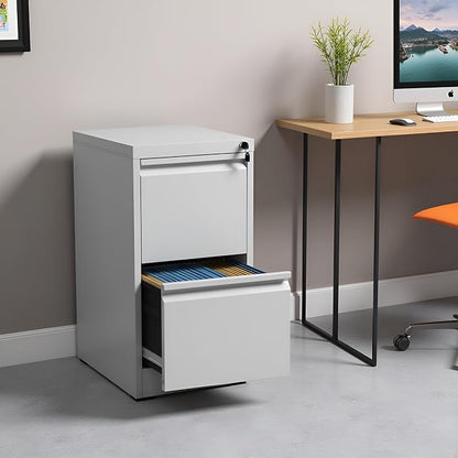 2 Drawer File Cabinet with Lock, Vertical Metal Filing Cabinet Under Desk Storage Cabinet, Legal Letter File Cabinets for Home Office, Easy Assemble (White)