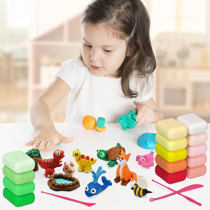 Air Dry Clay 48 Colors，Modeling Clay for Kids, with 3 Sculpting Tools and 6 Sheets Dinosaur Stickers, Safe & Non-Toxic, DIY Molding Clay Gift for Boys and Girls