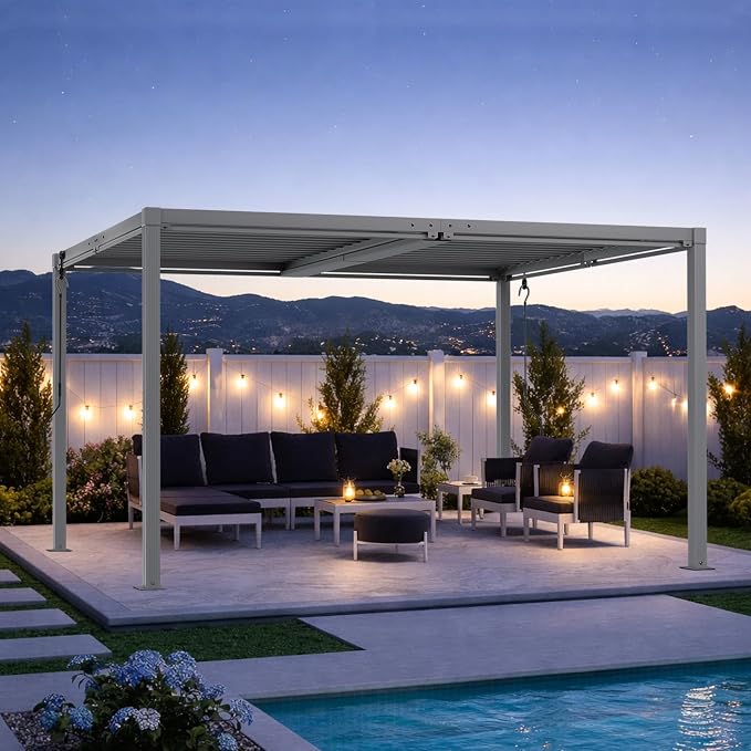 Louvered Pergola 10' x 13', Outdoor Aluminum Pergola with Reinforced Steel Roof, Heavy-Duty Hardtop Gazebo for Patio Deck, Weatherproof Sun Shade Shelter, Gray