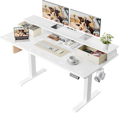 Veken 55x26 in Electric Standing Desk with Drawers, Adjustable Table, White | Stand up Computer Desk for Home Office, Work & Study, with Storage, 3 Memory Presets, Cable Organizer, Hook, and Quiet Lift.