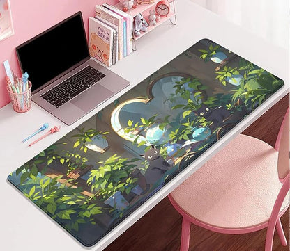 Lofi Cat Mouse Pad Green Plant Desk Pad,Black Cat Extended Gaming Mouse Mat with Stitched Edges Non-Slip Waterproof Rubber Base Mous Mat for Office,Computer,Keyboard,Laptop,Home Desk Pad(27.5X11.8 in)