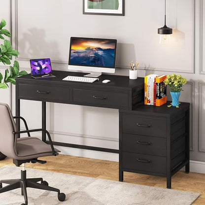 Tribesigns Computer Desk with 5 Drawers, Reversible Home Office Desks | Small Desk with Drawer Cabinet Printer Stand, PC Desk with Storage, Black Study Writing Table Workstation for Small Spaces