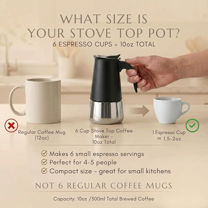 Mixpresso 6 Cup Greca Moka Pot, Stainless Steel Stovetop Espresso Maker | 300ml/10oz Italian stovetop coffee maker with classic percolator design, ideal for preparing coffee at home or while camping