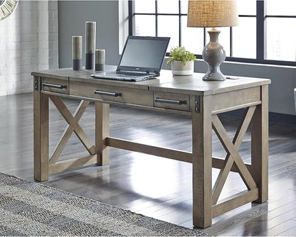 Signature Design by Ashley Aldwin Rustic Farmhouse 60" Home Office Lift Top Desk with Charging Ports, Distressed Gray & Arlenbry End Table, Gray