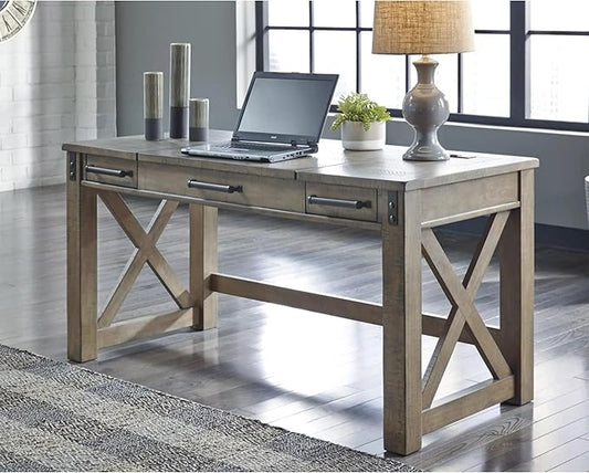 Signature Design by Ashley Aldwin Rustic Farmhouse 60" Home Office Lift Top Desk with Charging Ports, Distressed Gray & Arlenbry End Table, Gray