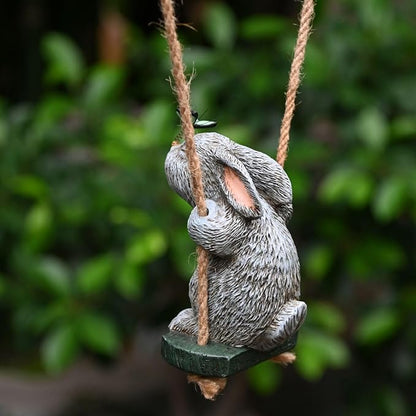 OwMell Garden Rabbit Statues, Cute Swing Bunny with Butterfly Statue Decoration for Yard Hanging Outdoor, Tree Ornaments Figurine for Stump Branch Lawn Patio Decor