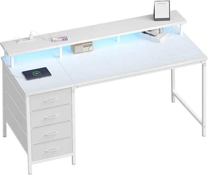 DUMOS 47-Inch Gaming Desk with Power Outlets and LED Lights, White | Computer Desk with 4 Storage Drawers, Home Office Desk with Monitor Stand, Small Desk for Bedroom Study