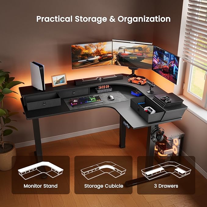 ErGear 65″ L Shaped Gaming Desk with 3 Drawers, Standing Desk Height Adjustable w/Monitor Shelf [C-Clamp Mount Compatible], Corner Stand up Desk w/Cable Management Trays for Home Office, Black