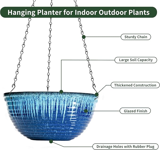 12 inch Large Hanging Planters for Indoor Outdoor Plants, Set of 2 Glazed Hanging Flower Pots with Drainage Hole, Hanging Baskets for Garden Home Porch Decor
