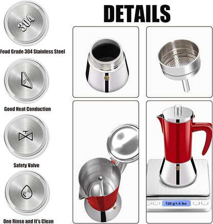 6 Cup Thickened 304 Stainless Steel Moka Pot Stovetop Espresso Maker Cafeteras Italian Percolator Espress Makers Capable Greca Mocha Coffee Machine for Induction Home and Camping 300ml 10oz
