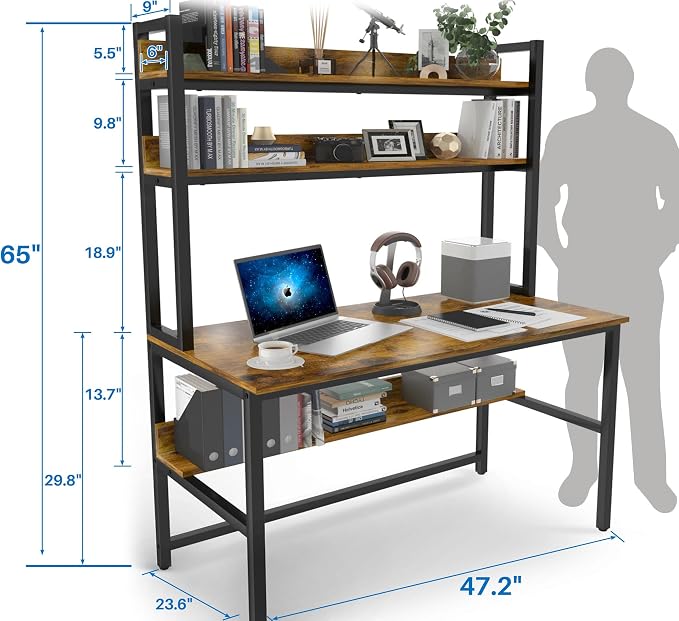 Aquzee Computer Desk with Hutch, 47“W x 23.6" D Desk with Shelves, Tall Home Office Desk with Bookshelf, Metal Legs Study Table with Upper Storage Shelf for Study Writing/Workstation