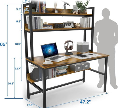 Aquzee Computer Desk with Hutch, 47“W x 23.6" D Desk with Shelves, Tall Home Office Desk with Bookshelf, Metal Legs Study Table with Upper Storage Shelf for Study Writing/Workstation