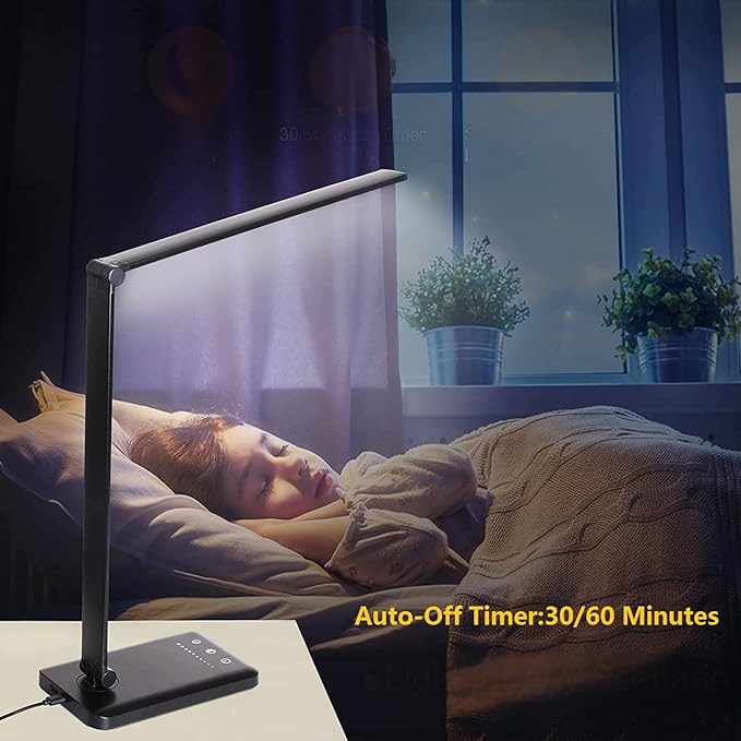 LED Desk Lamp Dimmable Table Reading Lamp with USB Charging Port, 5 Lighting Modes, Sensitive Control, 30/60 Minutes Auto-Off Timer, Eye-Caring Office Lamp (Black)
