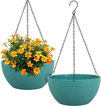 12 inch Large Hanging Planters for Indoor Outdoor Plants, 2 Pack Hanging Flower Plant Pots with Drainage Holes and Chain for Garden Porch, Plastic Hanging Baskets for House Plants, Blue Green