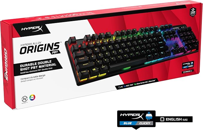 HyperX Alloy Origins PBT - Mechanical Gaming Keyboard, Keycaps, RGB Lighting, Compact, Aluminum Body, Adjustable Feet, Customizable with NGENUITY, Onboard Memory Clicky Switch, Black
