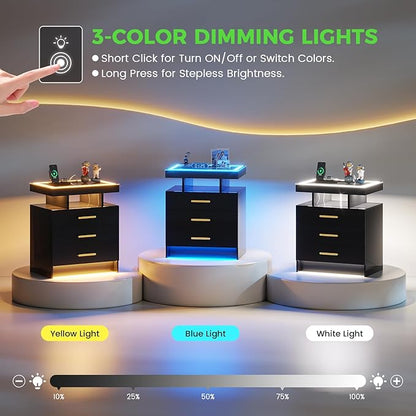 HNEBC LED Nightstand with Charging Station,Smart Bedside Table with Motion Sensor Lights,3 Drawers,Tempered Glass Top,High Gloss End Table with 3 Color Lights for Bedroom, Living Room,Office-Black