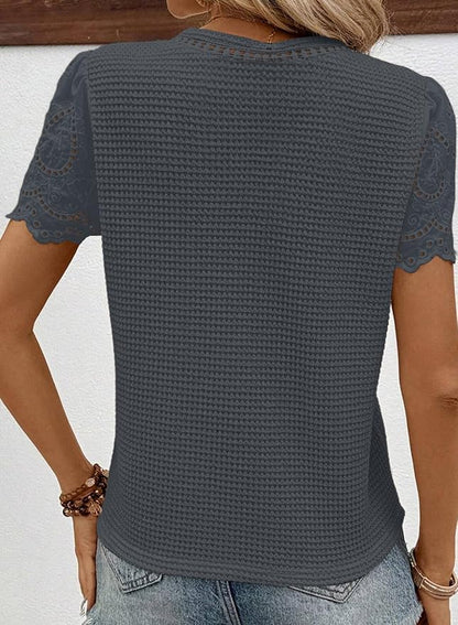 SHEWIN Womens Frenchy Summer Tops Crewneck Short Sleeve T Shirts Casual Waffle Knit Jacquard Blouses Top Shirts