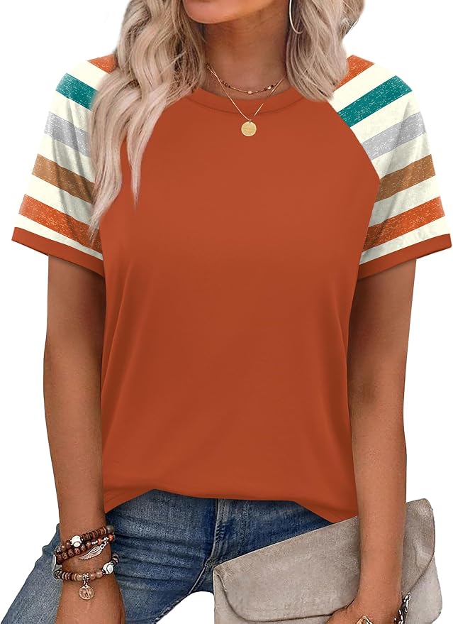 WIHOLL Womens Summer Tops Color Block Short Sleeve Raglan Shirts Spring Fashion Clothes Vacation Outfits