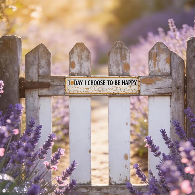 Funny Metal Tin Sign, Vintage Farmhouse Decor, Today I Choose to Be Happy Inspirational Sign, Bee Wall Art for Yard Fence Door Porch, Indoor Outdoor Decoration, 15.7 x 3.9 Inches