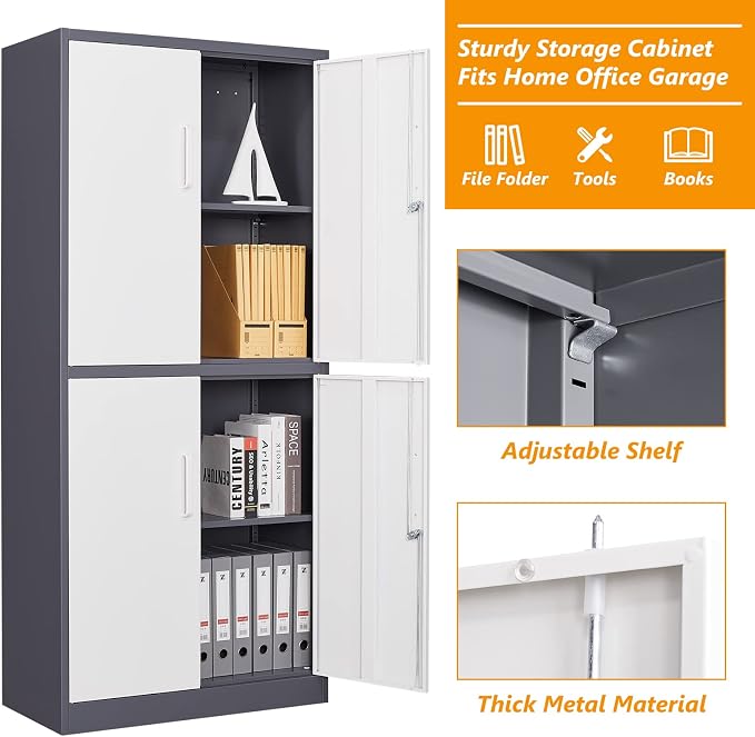 STANI Metal Storage Cabinet, Locking Steel Cabinet with 4 Doors and 2 Adjustable Shelves, 71" Tall Steel Cabinet for Home Office, Garage, School (Grey+White)