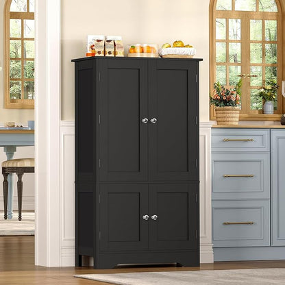 TEENFON Storage Cabinet with 4 Doors, Kitchen Cabinet with 6 Door Shelves, Kitchen Pantry for Living Room, Dining Room, Bathroom, Black