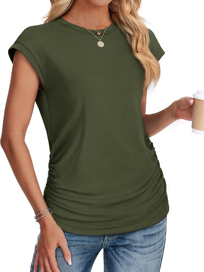 Sampeel Womens Summer Tops Trendy 2026 Ruched Cap Short Sleeve Tshirts Shirts Crew Neck T Shirts Fashion