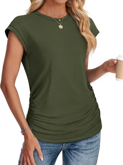 Sampeel Womens Summer Tops Trendy 2026 Ruched Cap Short Sleeve Tshirts Shirts Crew Neck T Shirts Fashion