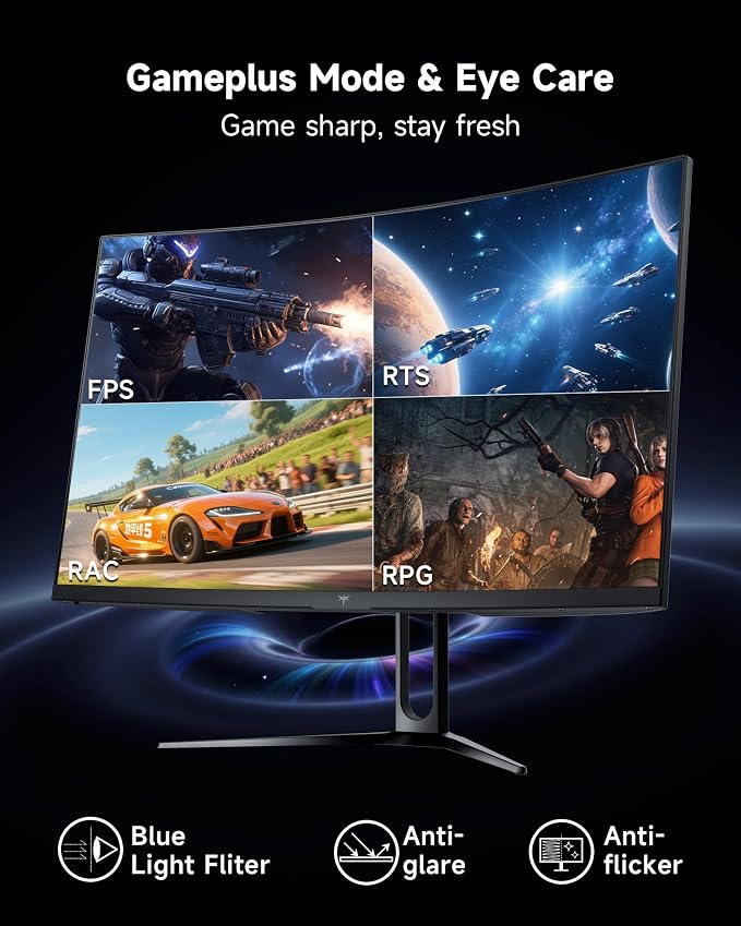 KTC 32 Inch Curved Gaming Monitor, QHD 2560x1440 180Hz Curve Monitors 1500R, Up to 185Hz, 1MS w/Adaptive Sync, 5000:1, HDMI Displayport, Tiltable, Eye Care, Vesa Mount H32S5