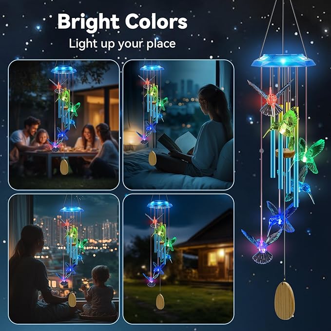 Wind Chimes,Hummingbird Solar Wind Chimes for Outside,Blue Gradation Aluminum Tubes Deep Tone Memorial Wind Bell for Garden/Patio Mobiles Decorative Gifts for Mom, Wife, Grandma Neighbors(37" Long)