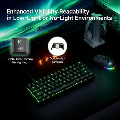 TMKB 60% Mechanical Gaming Keyboard, Red Linear Switch, Wired, Black | LED Backlight, Anti-Ghosting, Detachable USB-C, Double-Shot Keycaps, 61 Keys