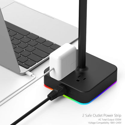 KAFRI RGB Dual Headphone Stand with USB C Charger Desk Gaming Double Headset Holder Hanger Rack with 3 USB Charging Port and 2 Outlet - Suitable for Gamer Desktop Table Game Earphone Accessories Gift