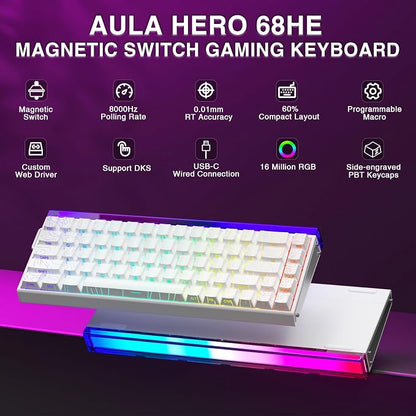 AULA Hero 68 HE 60% Gaming Keyboard Wired, Hall Effect Magnetic Switch Keyboard with 8K Hz Polling Rate, Side Printed PBT Keycaps, RGB Backlit Light Box, Customizable Web Software for PC/Mac Gamers