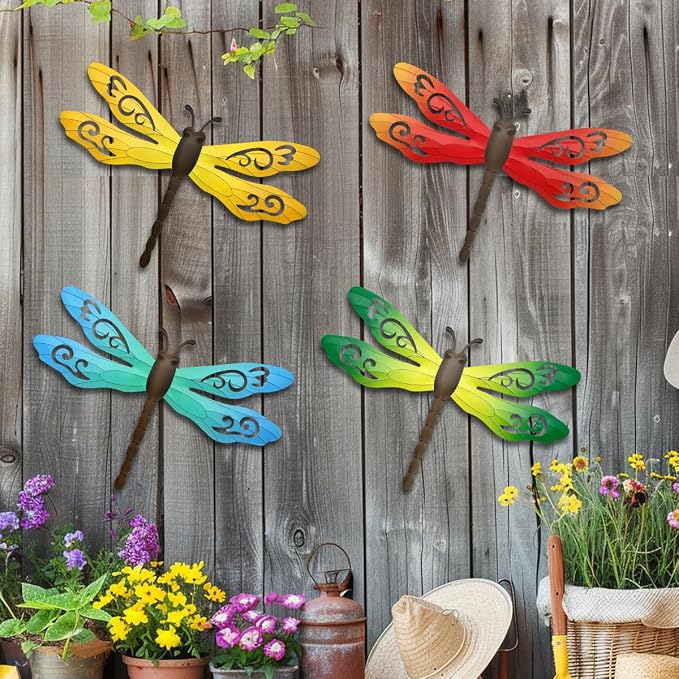 Metal Dragonfly Wall Decor, 4 Pack 14inch Metal Dragonfly Wall Hanging Sculpture Decor for Outdoor, Yard Patio Fence Garden Outside Decorations