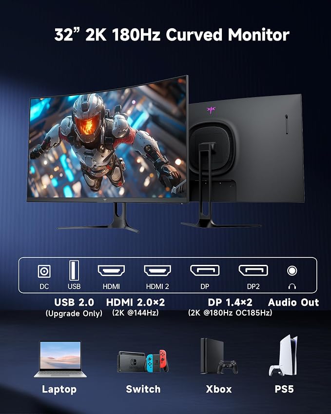 KTC 32 Inch Curved Gaming Monitor, QHD 2560x1440 180Hz Curve Monitors 1500R, Up to 185Hz, 1MS w/Adaptive Sync, 5000:1, HDMI Displayport, Tiltable, Eye Care, Vesa Mount H32S5