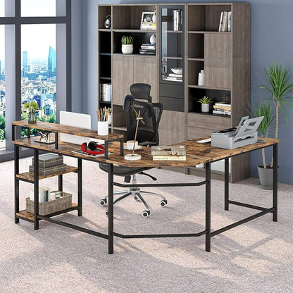 L-Shaped Computer Desk with Monitor Stand and Storage Shelves, Large Corner Desks for Home Office