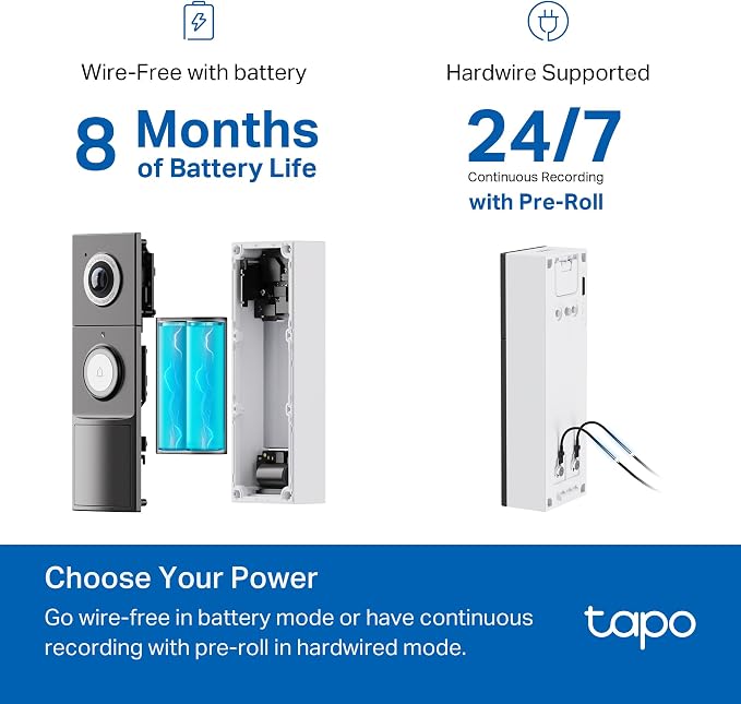 Tapo 2K+ Wired or Battery Powered Smart Video Doorbell with Chime - 180° Field of View, Person/Vehicle/Package Detection, Ring Call, 2-Way Audio, Subscription-Free Local Storage or Optional Cloud,D225