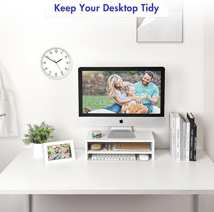 BEYGORM White Monitor Stand Riser for Desk,2 Tiers Wood Desk Shelf Computer Screen Stand with Storage for Desktop Laptop/Screen/TV/PC/Printer,Multifunctional Desktop Organizer 16.5 x 7.8 x 5.2 inch | Computer Screen Stand with Storage, For Desktop Lapt...