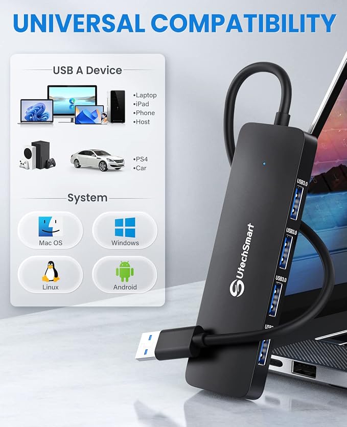 UtechSmart USB 3.0 Hub, 4 Port USB Hub Splitter with 5 Gbps Data Transfer, USB Expander Compatible for MacBook Pro 13/14/15/16, New Mac Air/Surface, ChromeBook, Multiport Charging & Connecting Adapter