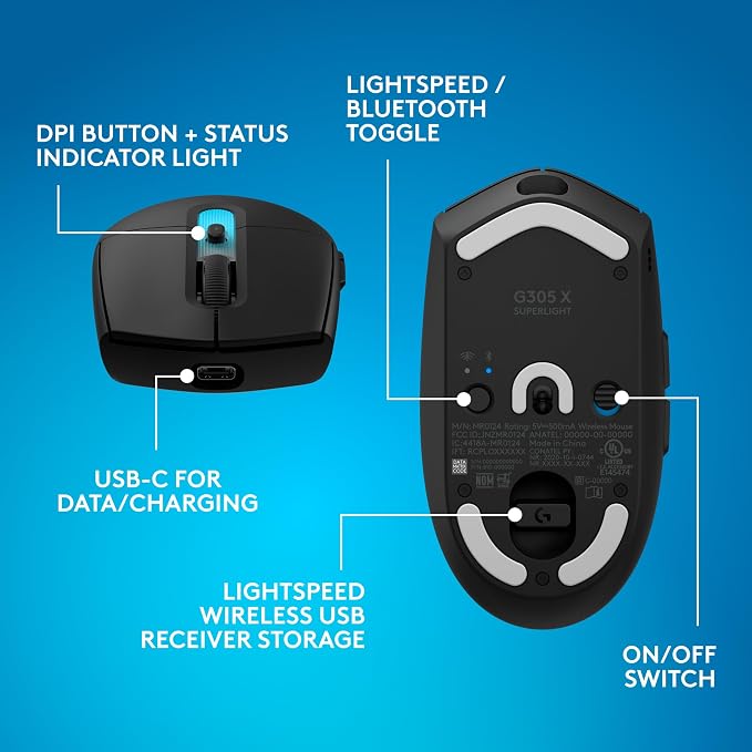 Logitech G305 X Superlight Wireless Gaming Mouse - Black | 59g Lightweight, 44K DPI, 678 IPS, Wireless 2.4 GHz/Bluetooth/USB-C, <170 hr Battery, 6 buttons, RGB, PC/Mac Compatible