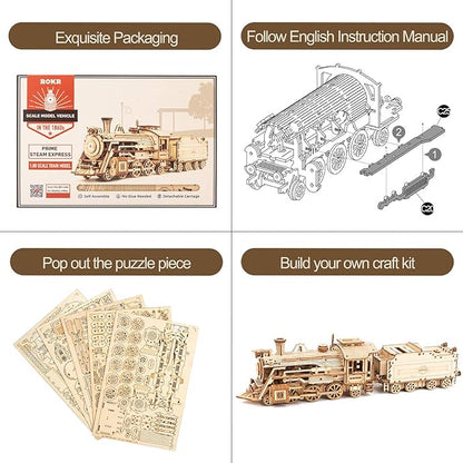 ROKR 3D Wooden Puzzle for Adults-Mechanical Train Model Kits-Brain Teaser Puzzles-Vehicle Building Kits-Unique Gift for Teens on Birthday/Christmas Day(1:80 Scale)(MC501-Prime Steam Express)