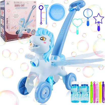 Bubble Machine Blower Blaster Lawn Mower Maker Blue Toy Fun Portable Handheld Operate Automatic Battery Electric Outdoor Summer Birthday Best Gift Light for Toddler Boy Girl Kid 3-12 Year Old