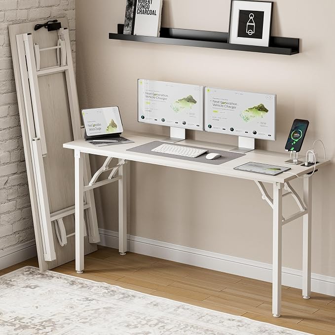 Frylr Small Folding Computer Desk – 55.1 Inch Portable Table for Craft and Study, Lightweight Desk for Small Spaces, Foldable Laptop Table Built-in AC/USB Outlets for Convenience, White Ash