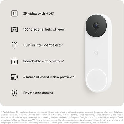 Google Nest Doorbell (Wired, 3rd Gen) - 2K Video, Live View - 2025 - Snow | Video doorbell, 2K HDR, intelligent alerts, color night vision, 2-way audio, works with Google Home & Gemini